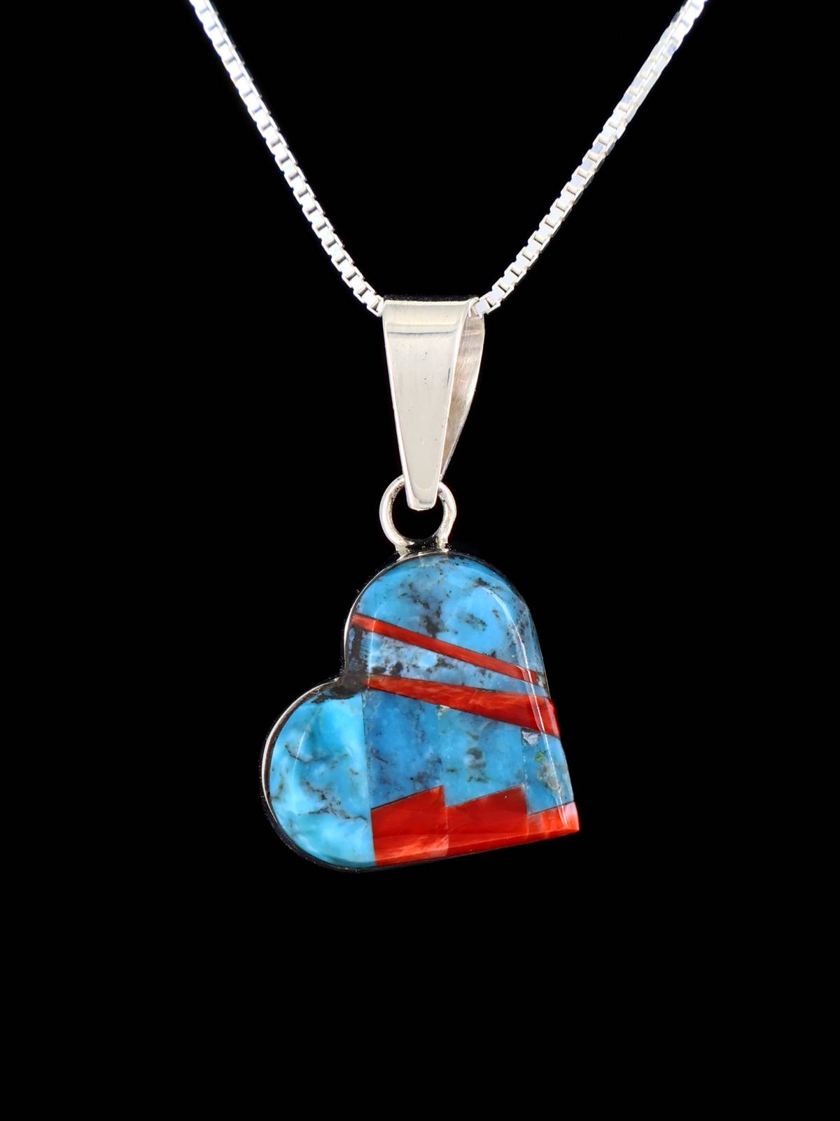Navajo Sterling Silver Turquoise and Spiny Oyster Heart Inlay Pendant - PuebloDirect.com