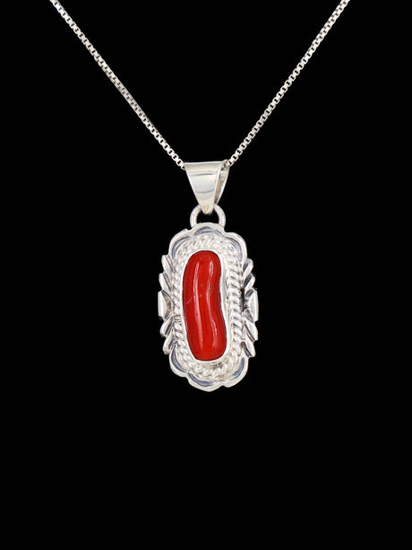 Natural Red Coral Navajo Sterling Silver Pendant - PuebloDirect.com