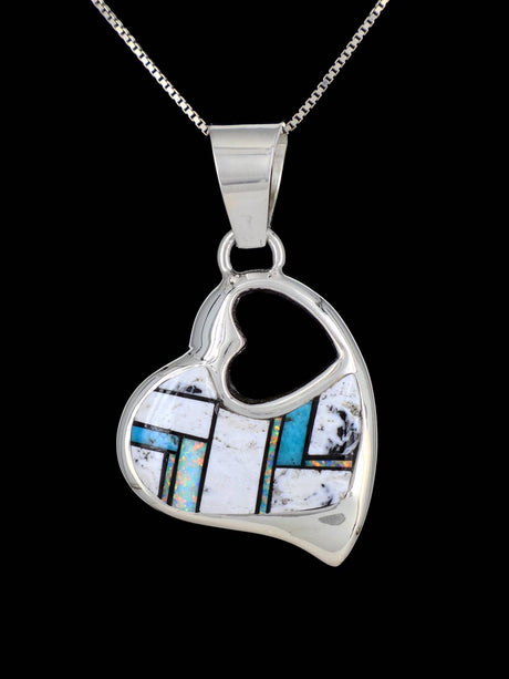 Navajo Jewelry White Buffalo Inlay Heart Pendant - PuebloDirect.com