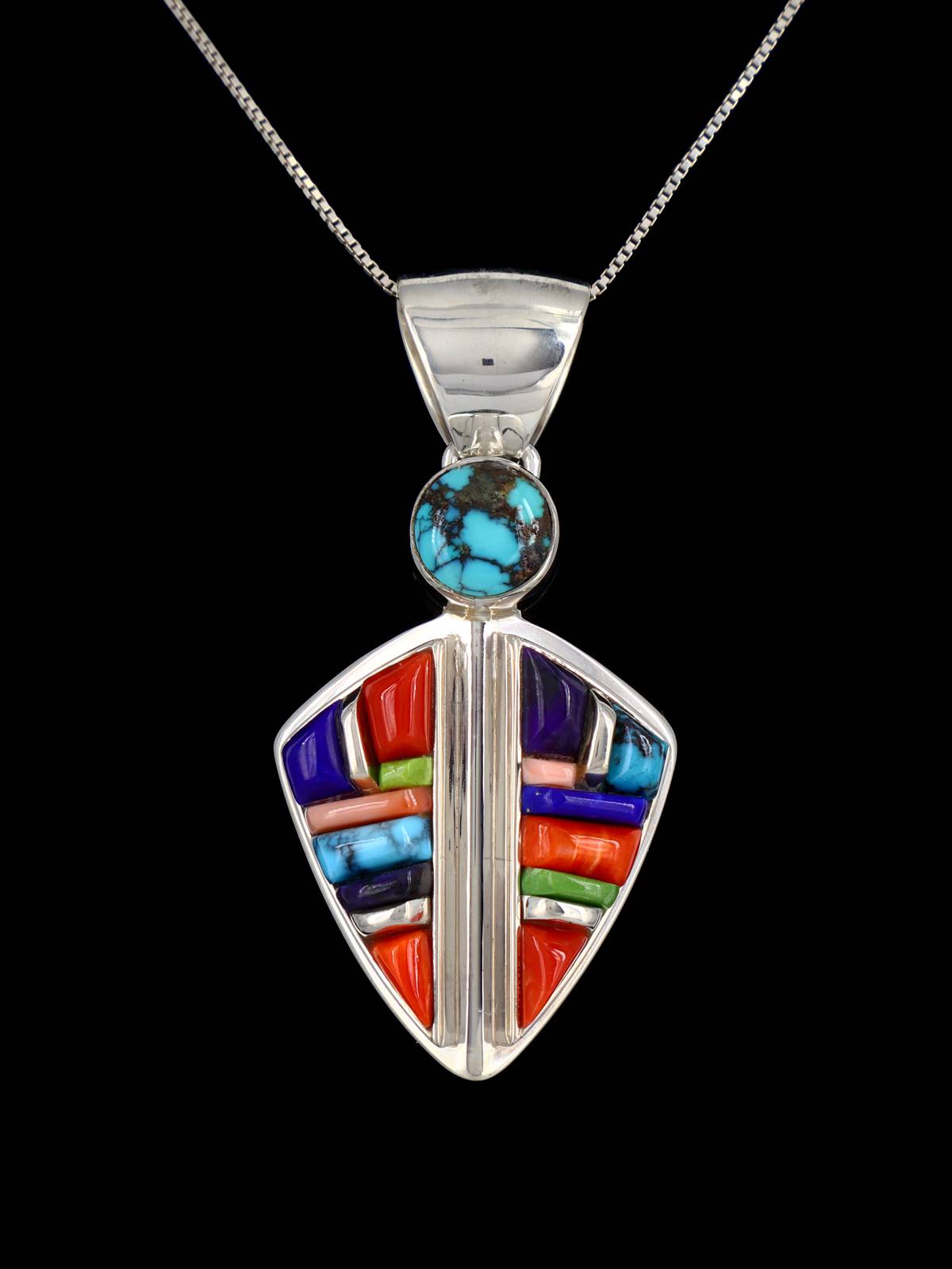 Navajo Turquoise and Coral Cobblestone Inlay Pendant - PuebloDirect.com