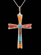 Navajo Spiny Oyster and Turquoise Inlay Cross Pendant