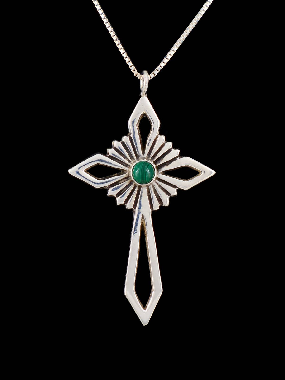 Native American Malachite Cross Sterling Silver Pendant
