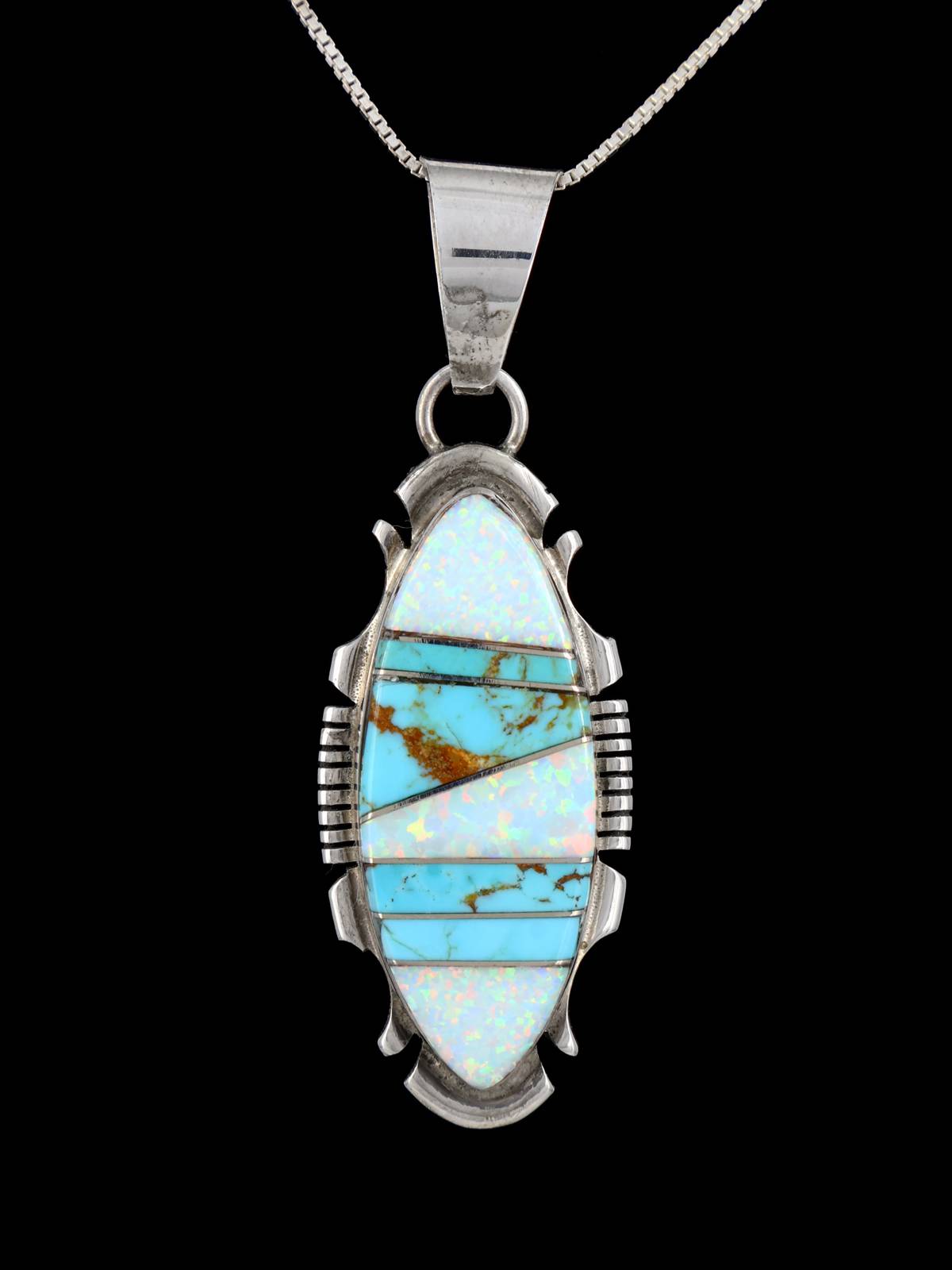 Navajo Sterling Silver Mosaic Turquoise and Opalite Inlay Pendant