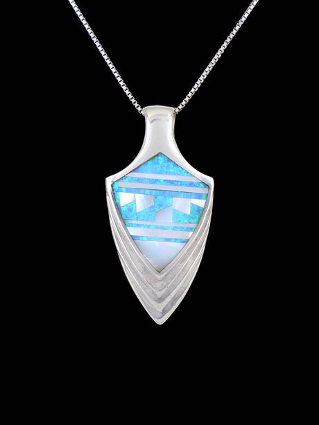 Navajo Sterling Silver Mother of Pearl and Opal Inlay Pendant - PuebloDirect.com