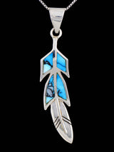 Native American Sterling Silver Blue Ice Inlay Feather Pendant