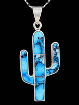 Native American Sterling Silver Blue Ice Inlay Cactus Pendant