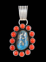 Navajo Sterling Silver Nacozari Turquoise and Coral Cluster Pendant
