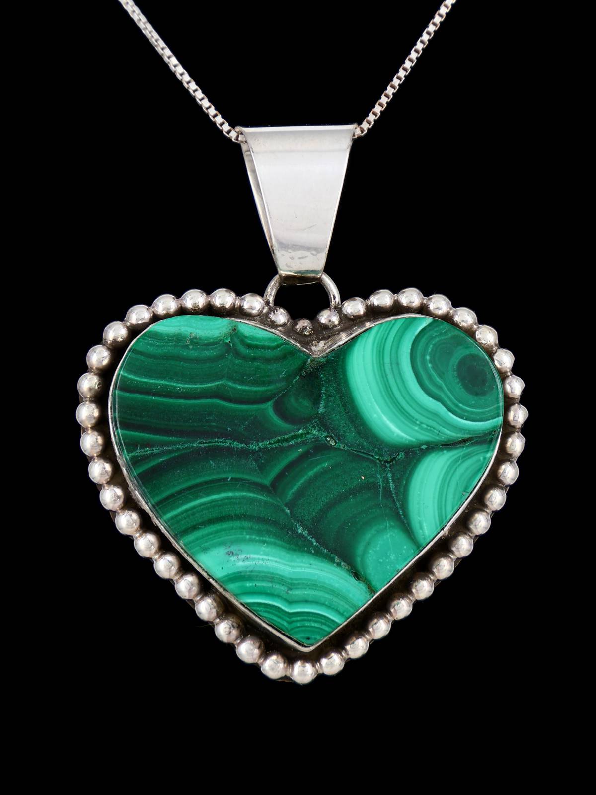 Sterling Silver Green Malachite Navajo Made Heart Pendant