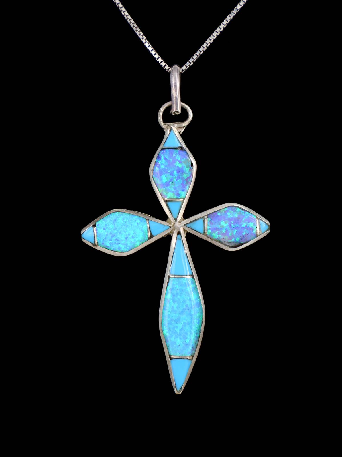 Sterling Silver Zuni Inlay Turquoise and Opalite Cross Pendant