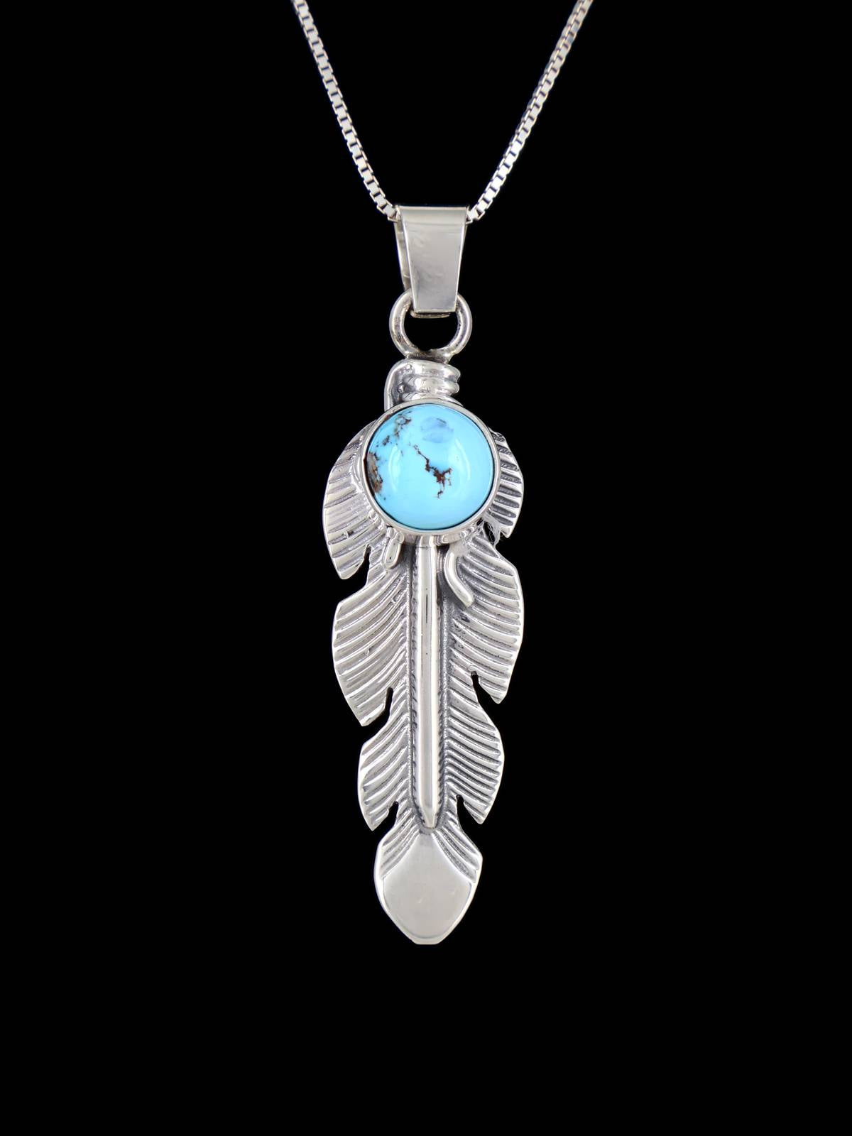 Navajo Crafted Sterling Silver Golden Hill Turquoise Feather Pendant