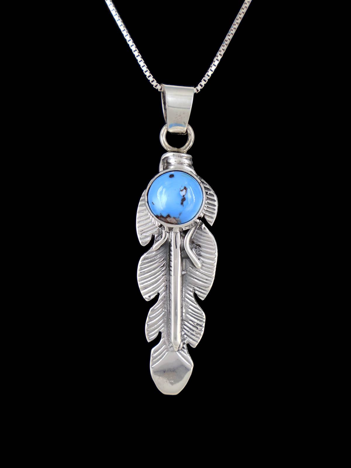 Navajo Crafted Sterling Silver Golden Hill Turquoise Feather Pendant