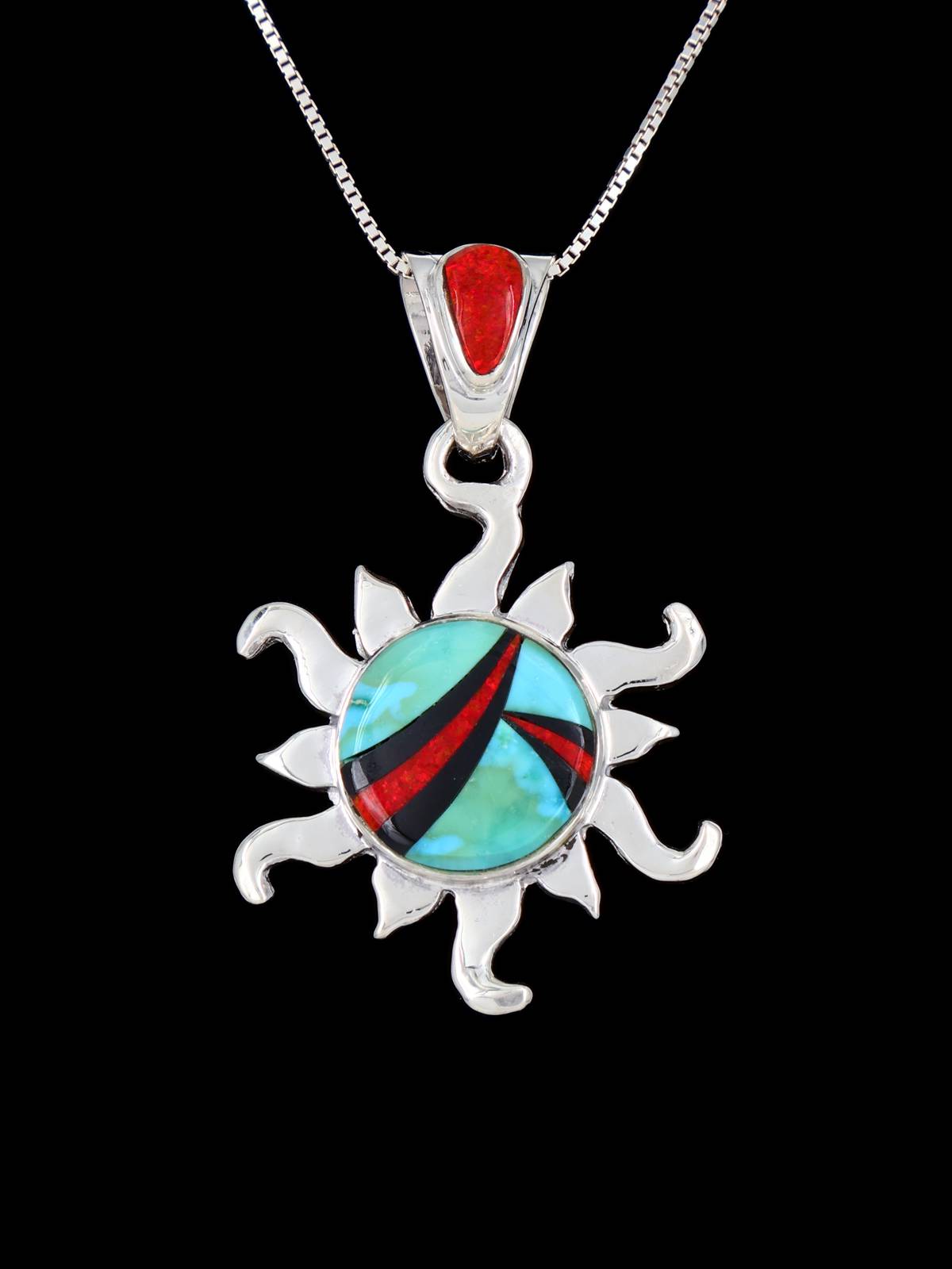 Navajo Sterling Silver Turquoise and Opalite Inlay Sun Pendant