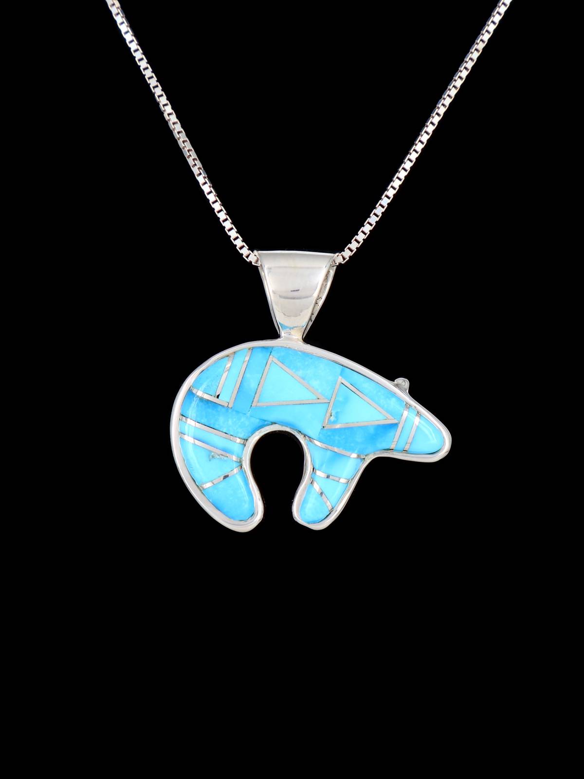 Navajo Inlay Turquoise Sterling Silver Reversible Bear Pendant