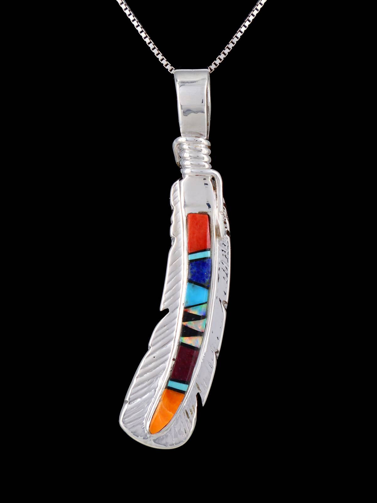 Navajo Sterling Silver Reversible Multistone Inlay Feather Pendant