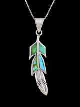 Native American Sonoran Gold Turquoise Inlay Feather Pendant