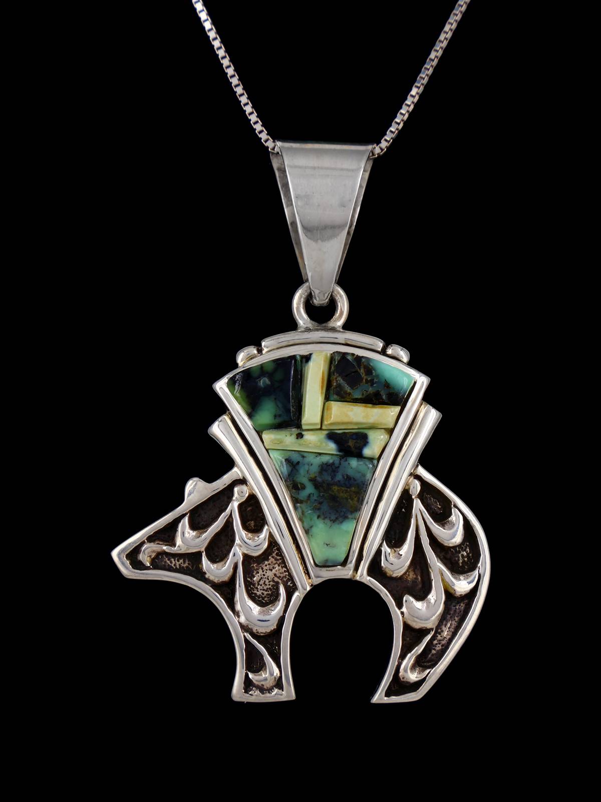 Navajo Sterling Silver New Lander Variscite Inlay Bear Pendant