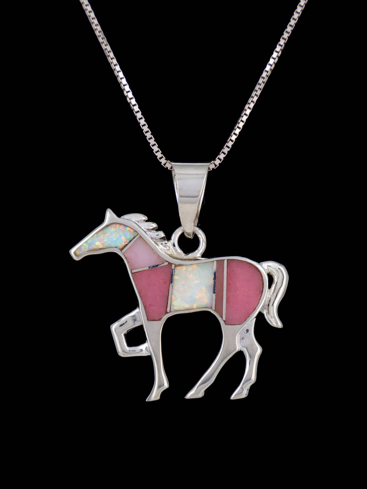 Native American Pink Coral and Opalite Inlay Horse Pendant