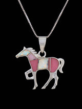 Native American Pink Coral and Opalite Inlay Horse Pendant