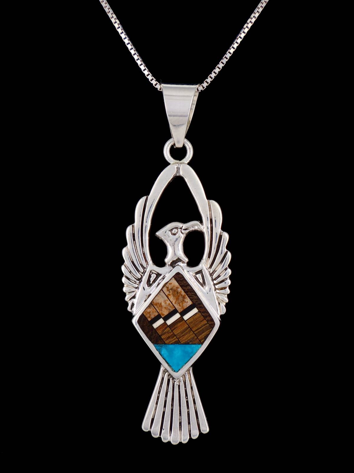 Navajo Sterling Silver Turquoise and Wood Thunderbird Inlay Pendant