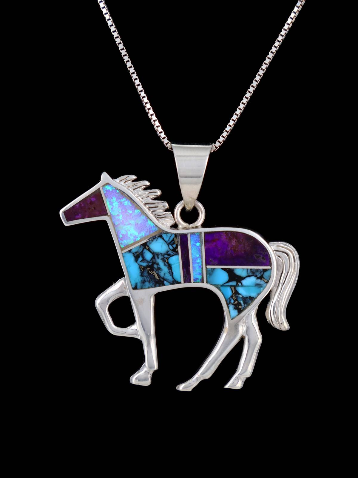 Native American Turquoise and Opalite Inlay Horse Pendant
