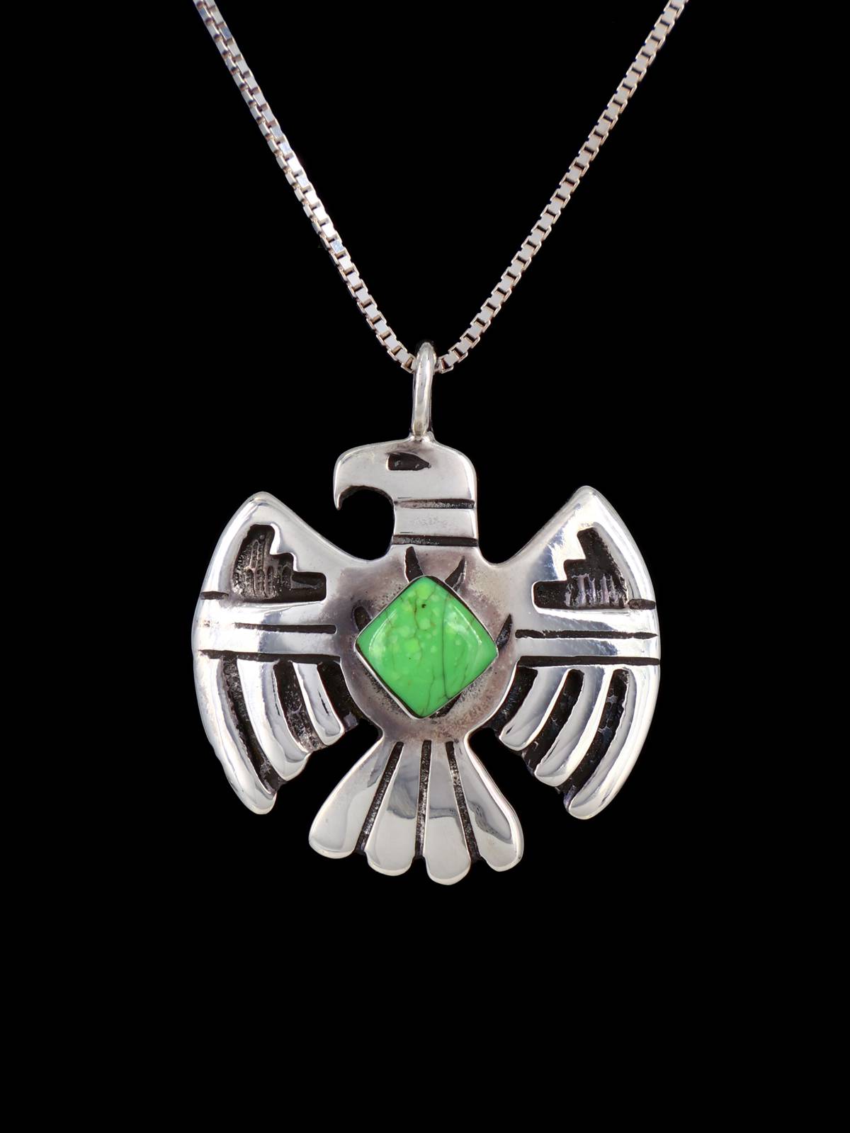 Green Mojave Turquoise Navajo Sterling Silver Thunderbird Pendant