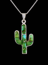 Native American Sonoran Gold Turquoise Cobblestone Inlay Cactus Pendant