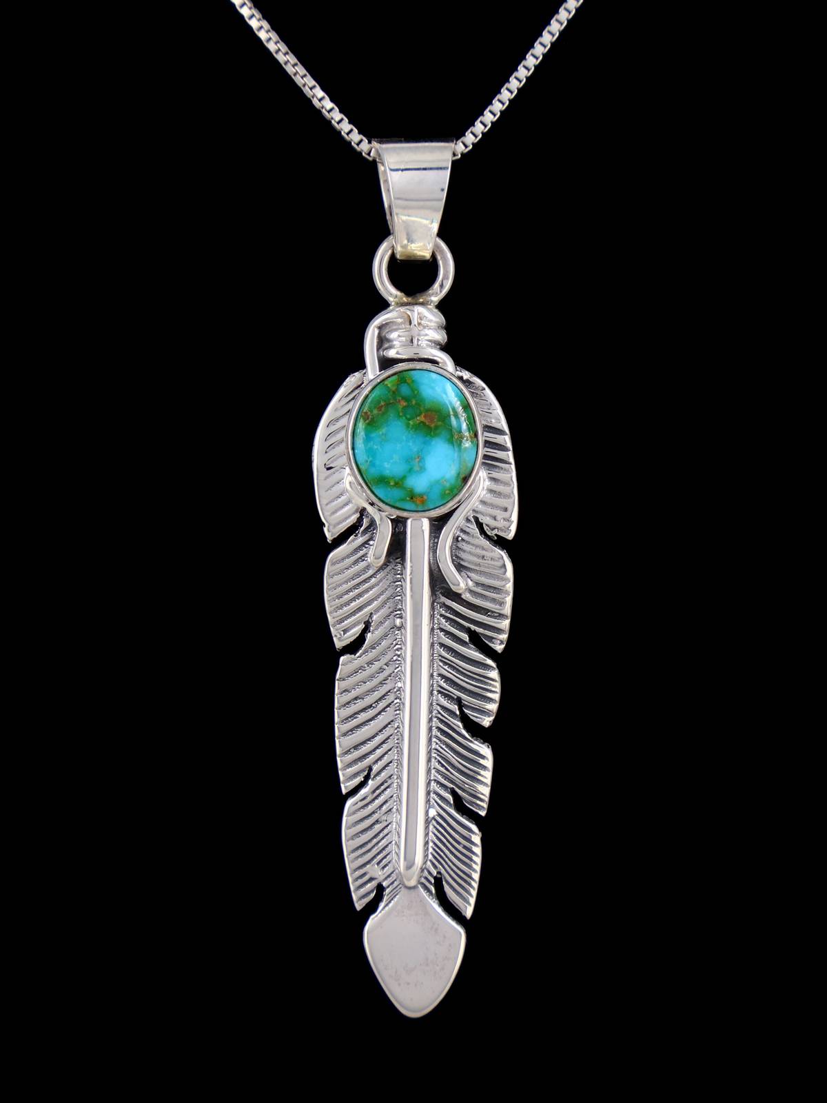 Navajo Sterling Silver Sonoran Gold Turquoise Feather Pendant