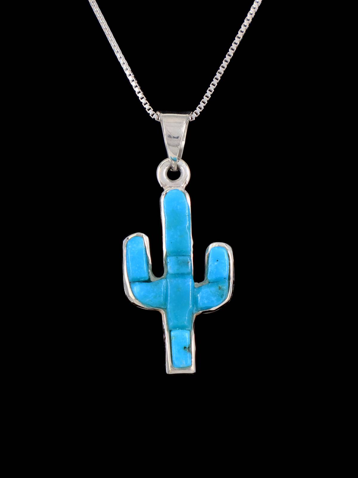 Native American Turquoise Cobblestone Inlay Cactus Pendant