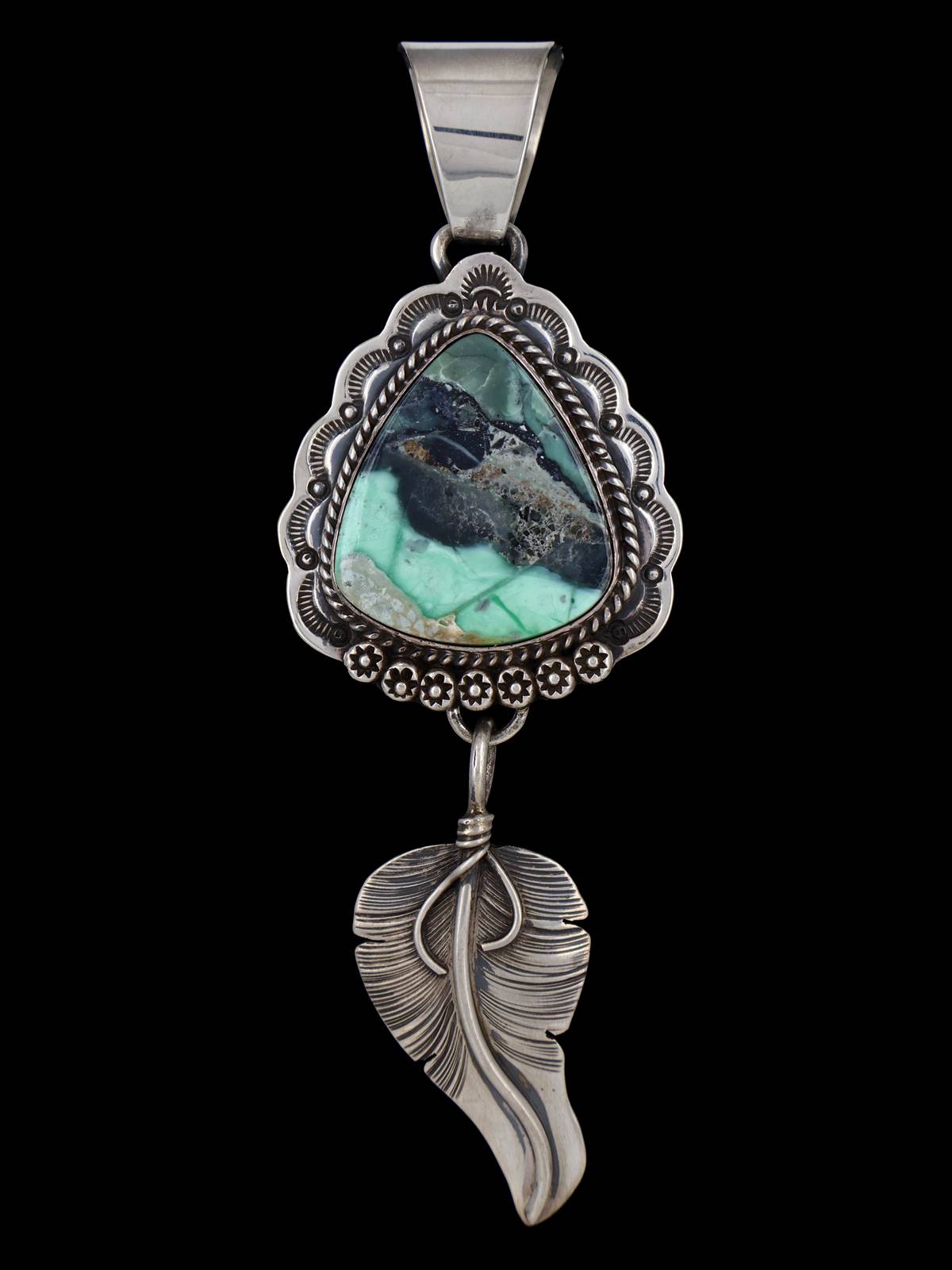 Mystic Sage Variscite Navajo Sterling Silver Feather Pendant