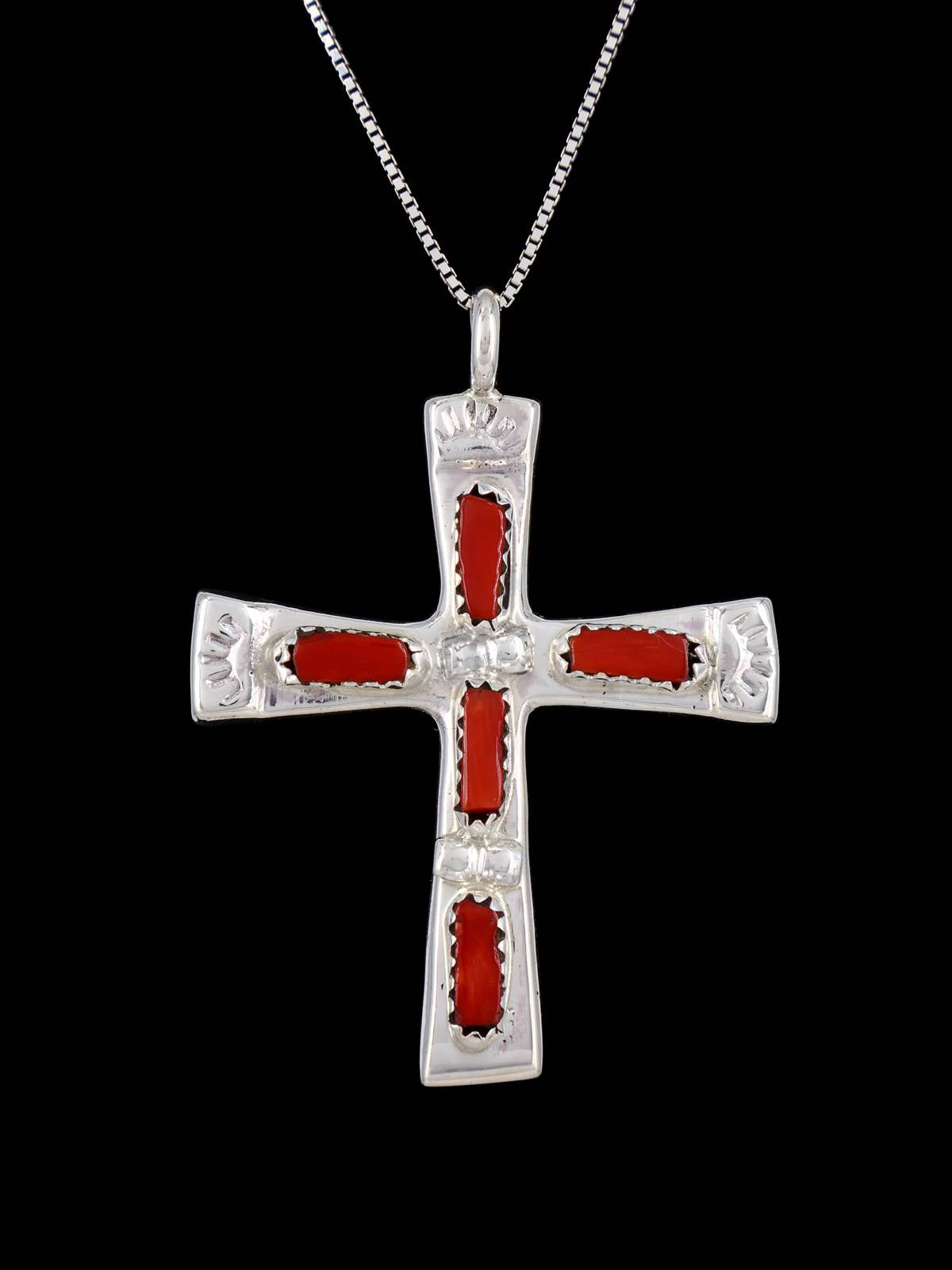 Sterling Silver Zuni Coral Cross Pendant