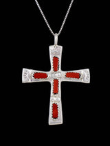 Sterling Silver Zuni Coral Cross Pendant
