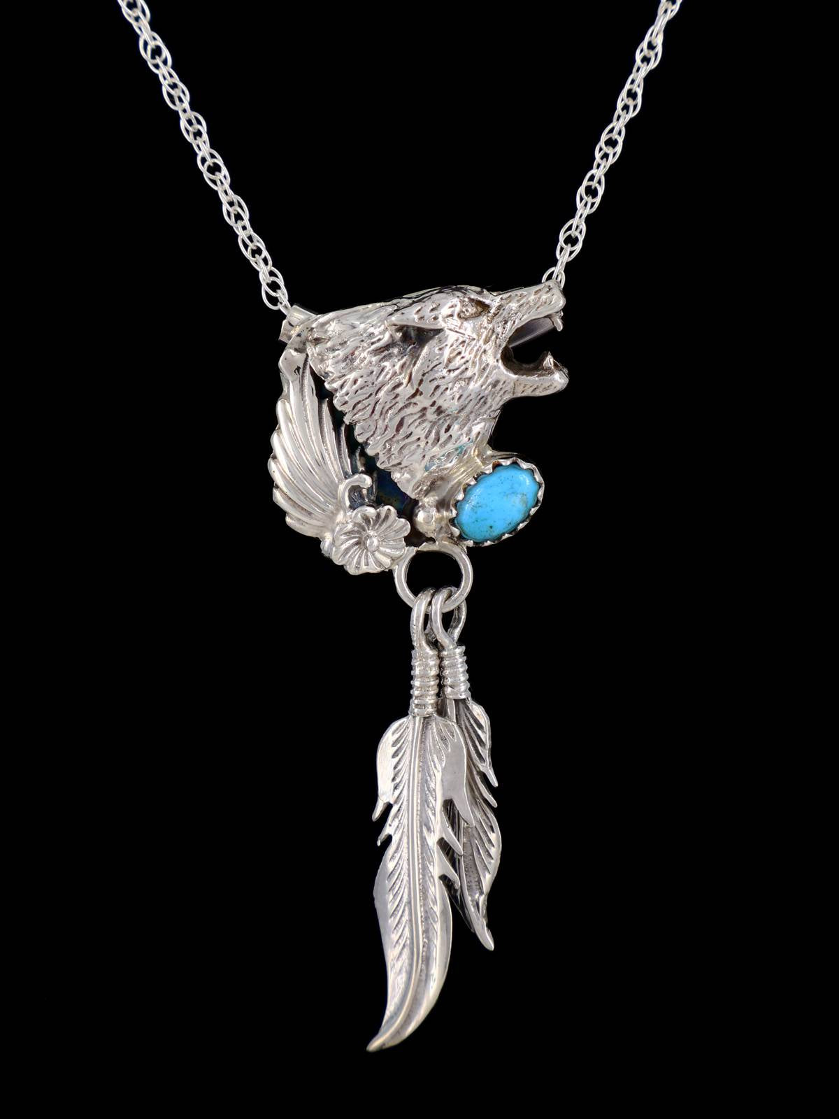 Native American Coyote and Feathers With Turquoise Pendant