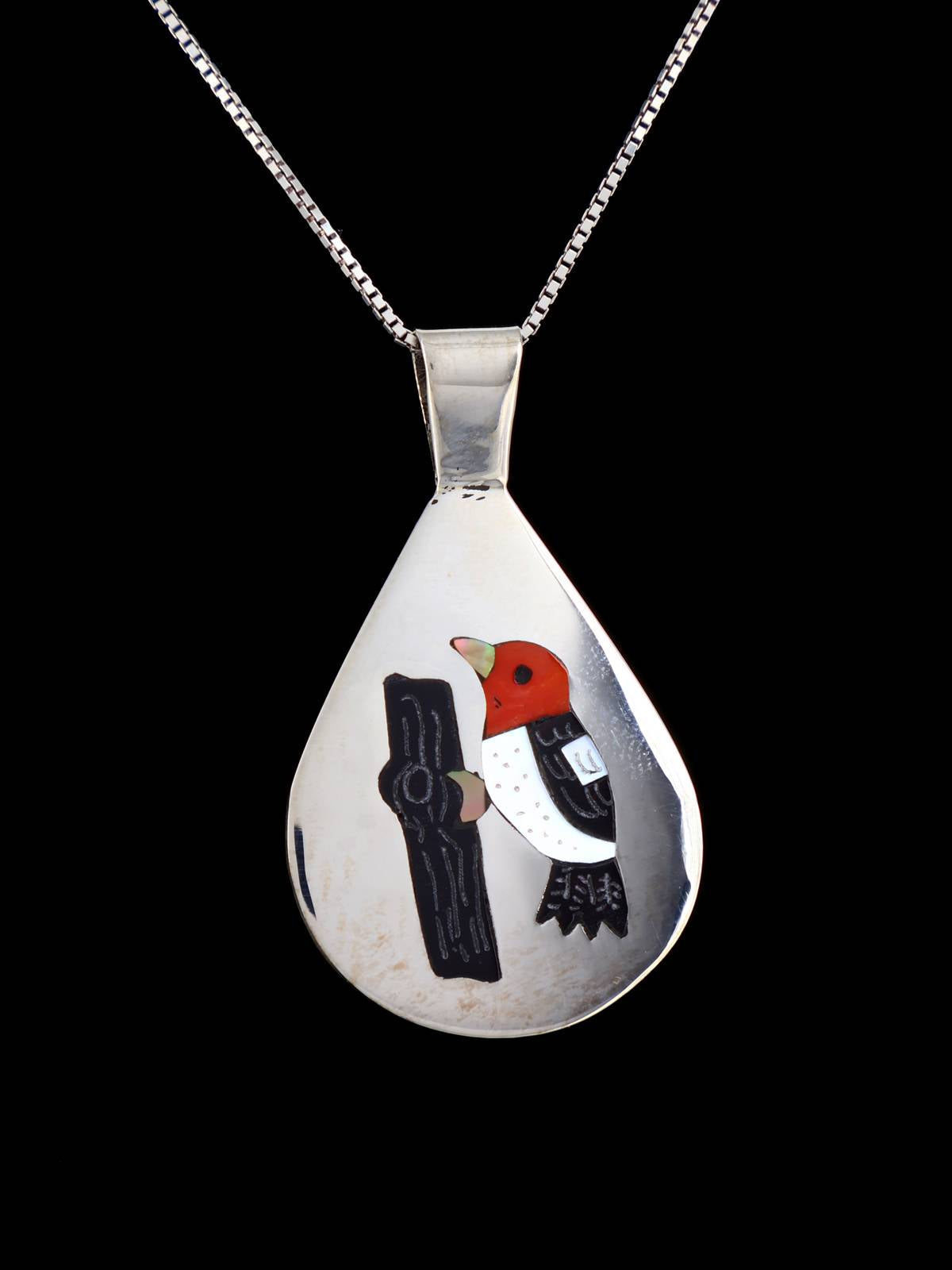 Native American Jewelry Zuni Inlay Woodpecker Bird Pendant - PuebloDirect.com