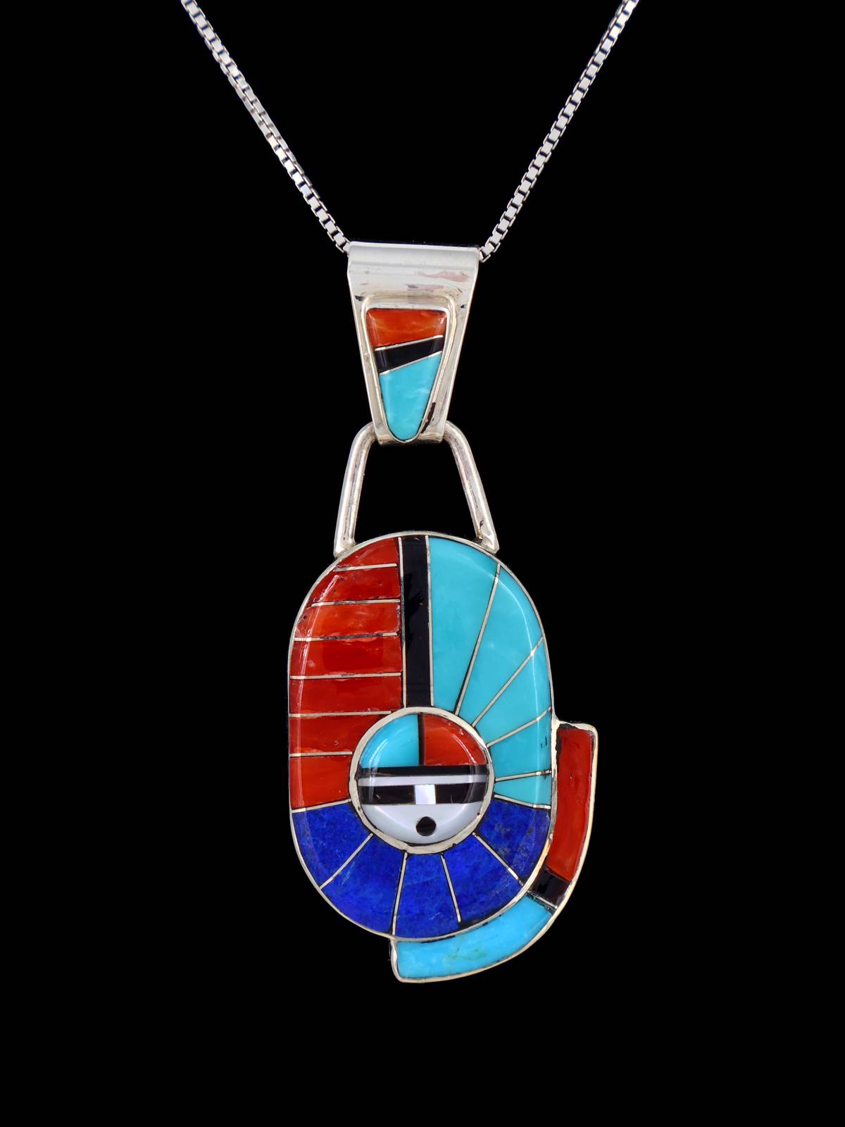 Zuni Inlay Turquoise and Coral Sunface Pendant