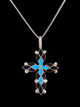 Colgante de cruz de ónix negro con incrustaciones Zuni de plata de ley