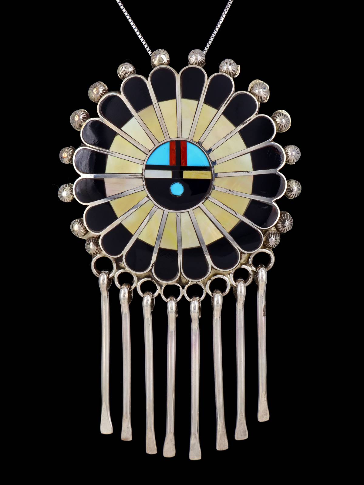 Large Mother of Pearl Sterling Silver Zuni Sunface Pin Pendant