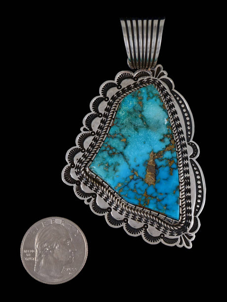 Native American Large Kingman Turquoise Sterling Silver Pendant - PuebloDirect.com