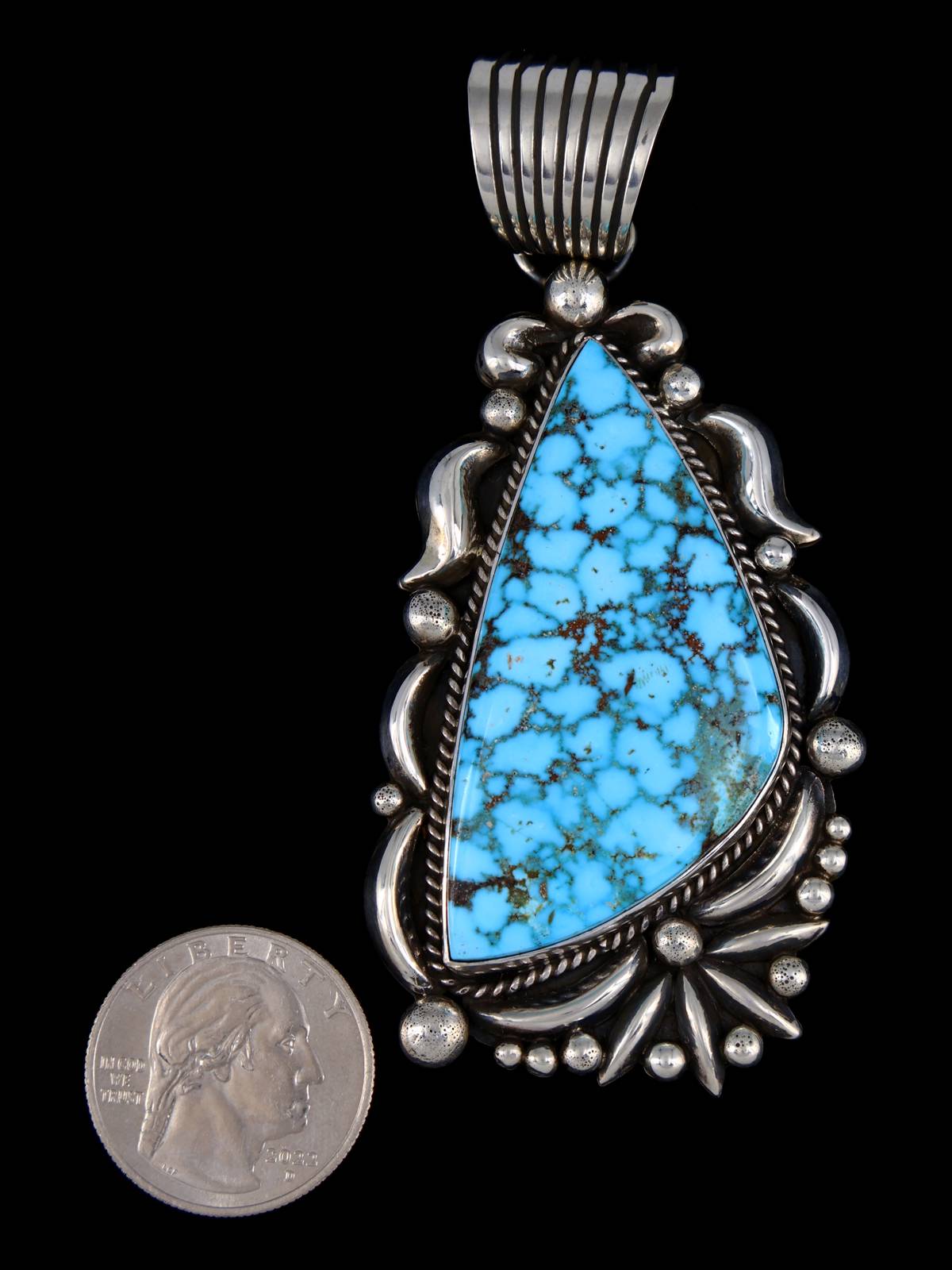 Large Native American Kingman Turquoise Sterling Silver Pendant - PuebloDirect.com