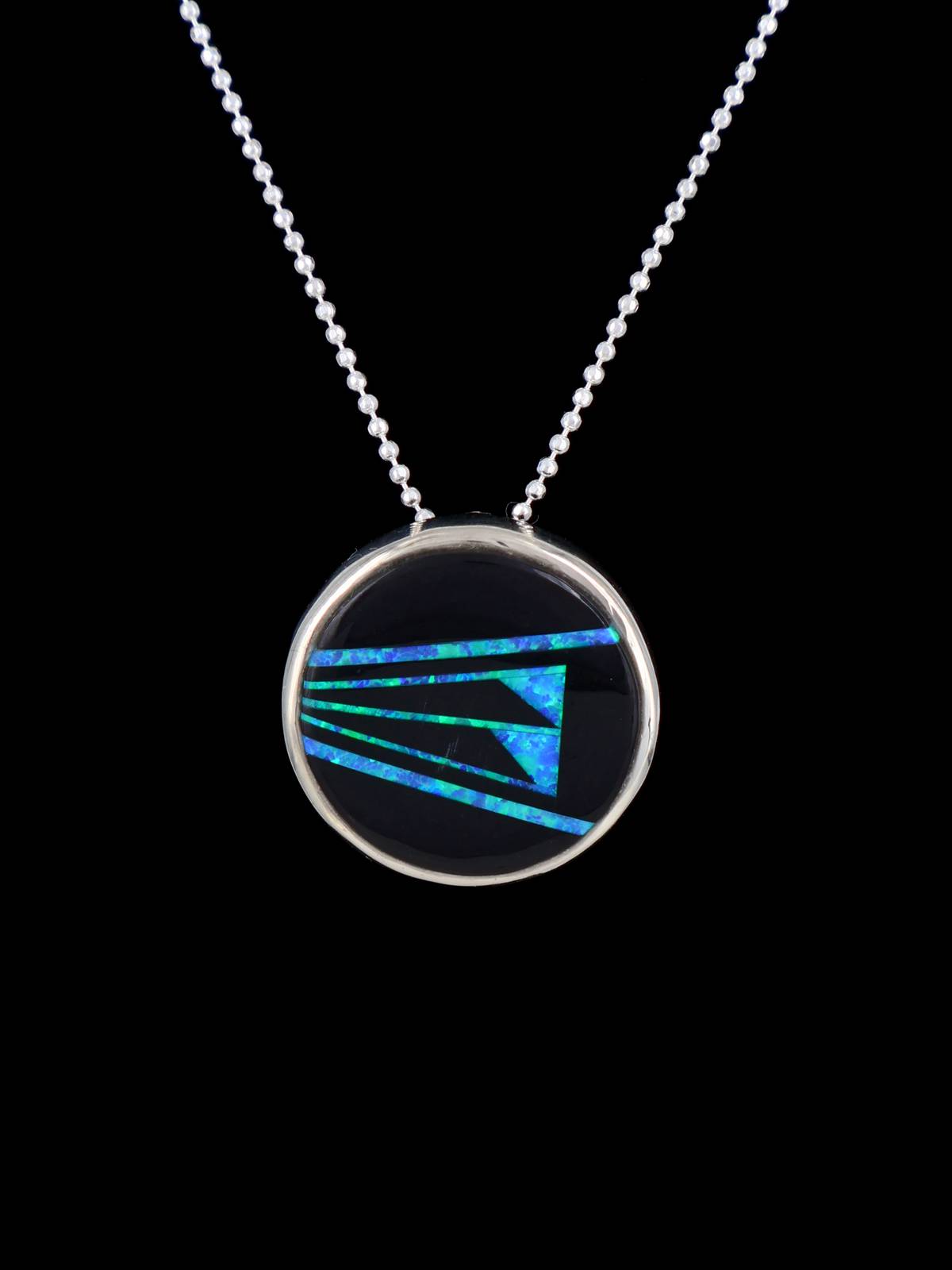 Navajo Sterling Silver Onyx and Opal Inlay Pendant