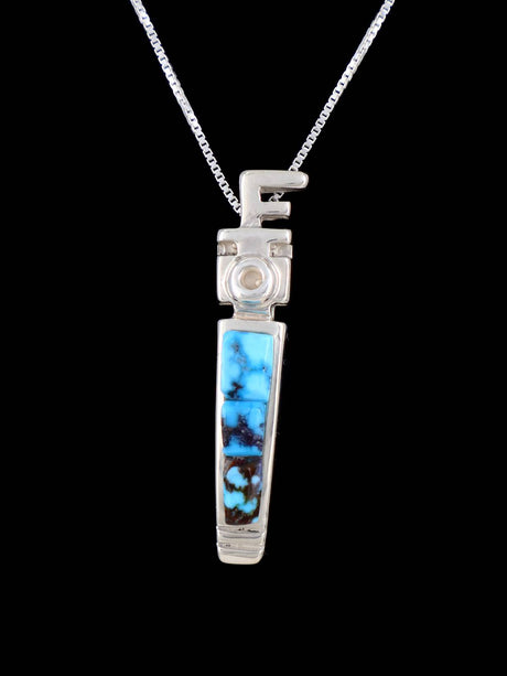 Navajo Kingman Turquoise Inlay Yei Sterling Silver Pendant - PuebloDirect.com