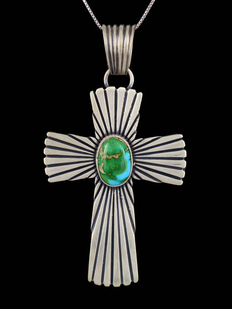 Sterling Silver Sonoran Gold Turquoise Navajo Cross Pendant - PuebloDirect.com