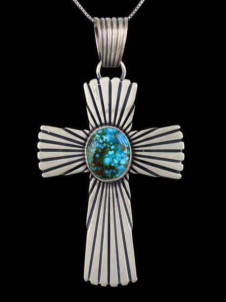 Sterling Silver Kingman Turquoise Navajo Cross Pendant - PuebloDirect.com