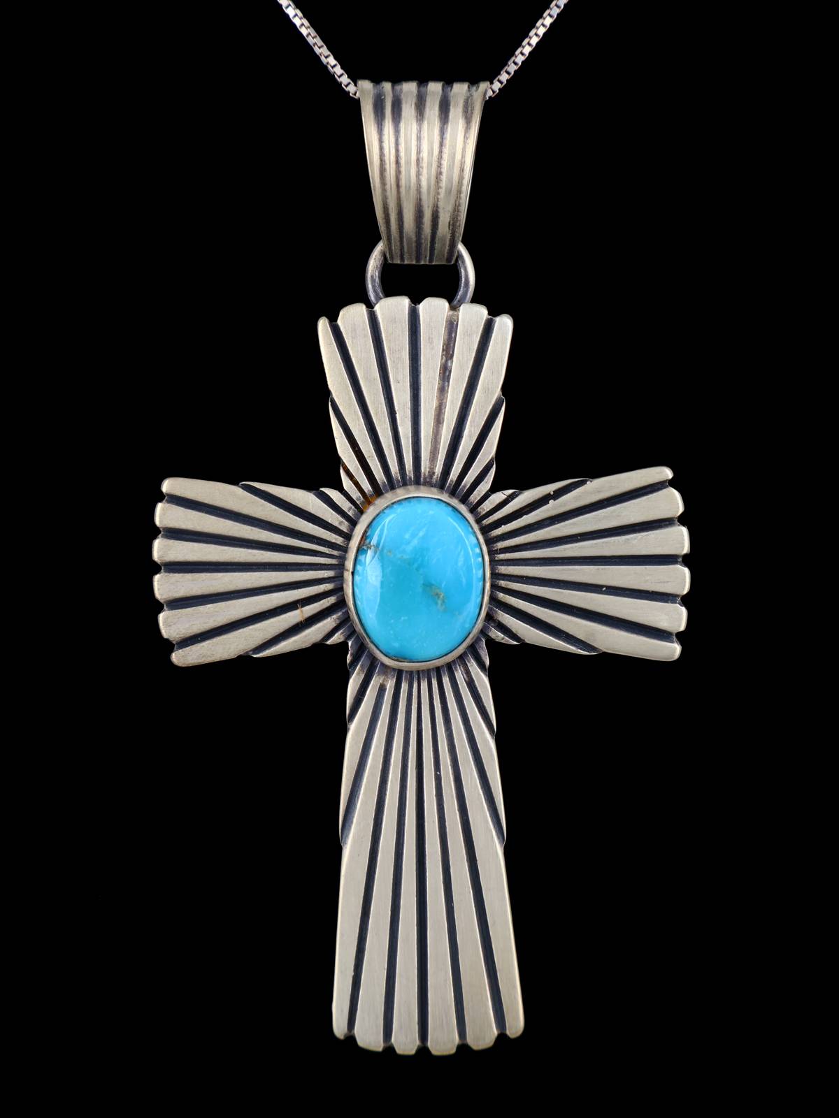 Sterling Silver Kingman Turquoise Navajo Cross Pendant - PuebloDirect.com