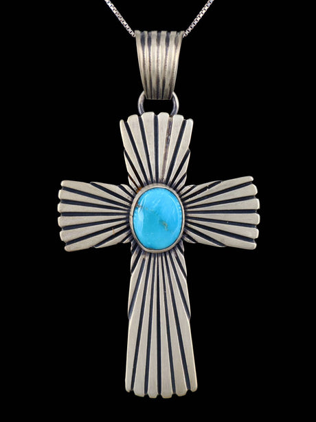 Sterling Silver Kingman Turquoise Navajo Cross Pendant - PuebloDirect.com