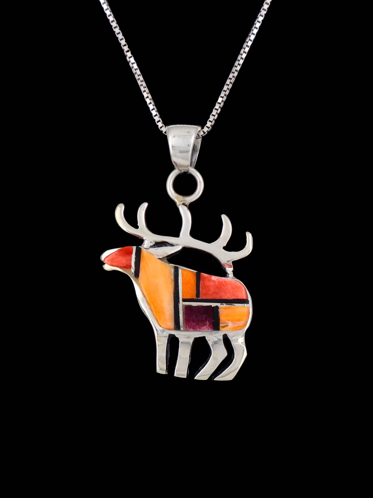 Navajo Inlay Sterling Silver Spiny Oyster Inlay Reindeer Pendant - PuebloDirect.com