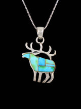 Navajo Inlay Sterling Silver Turquoise Inlay Reindeer Pendant - PuebloDirect.com
