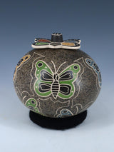 Mata Ortiz Etched Moth Pottery Vase w/Lid
