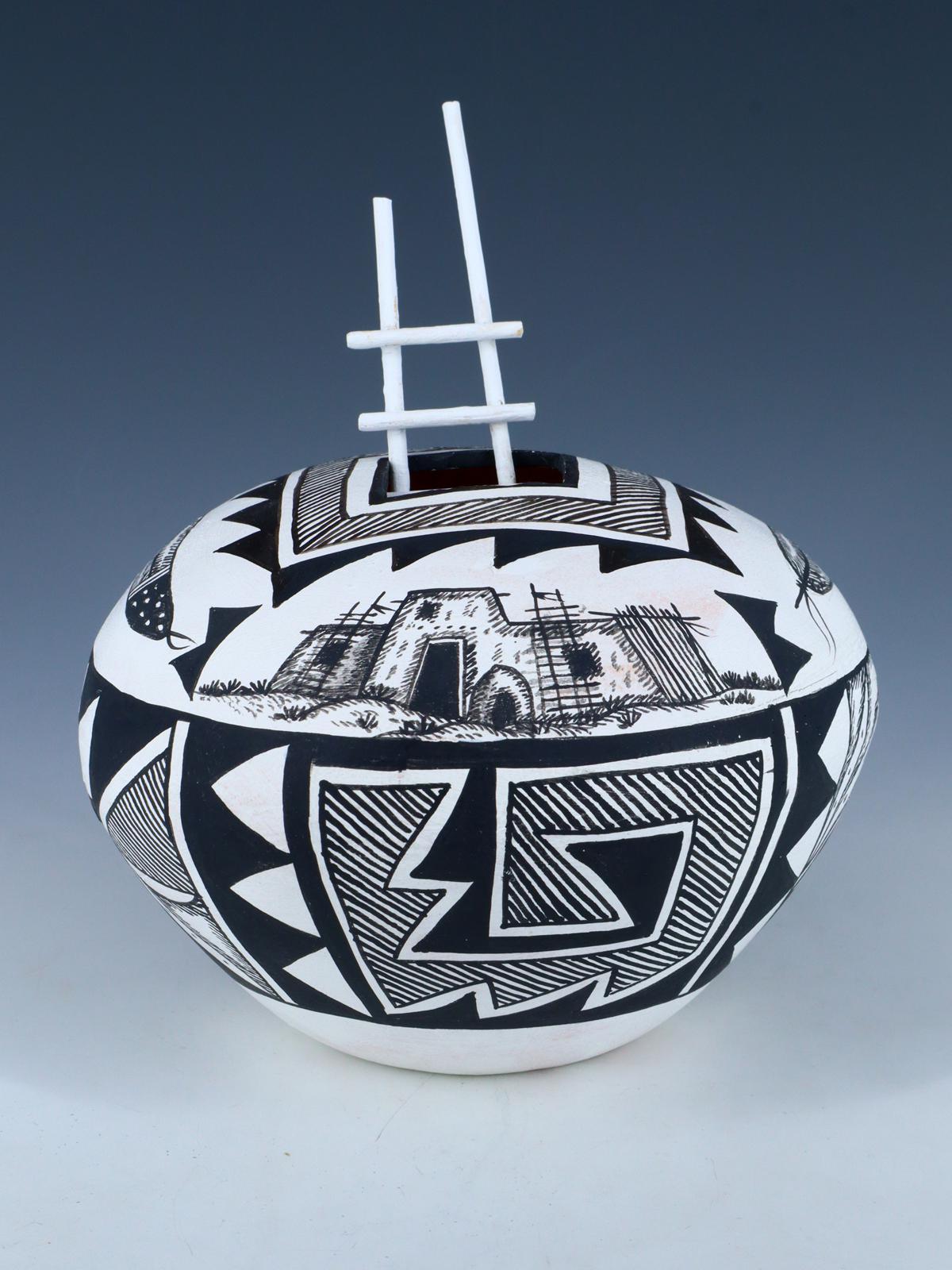 Acoma Style Painted Pueblo Hand Coiled Pottery with Ladder