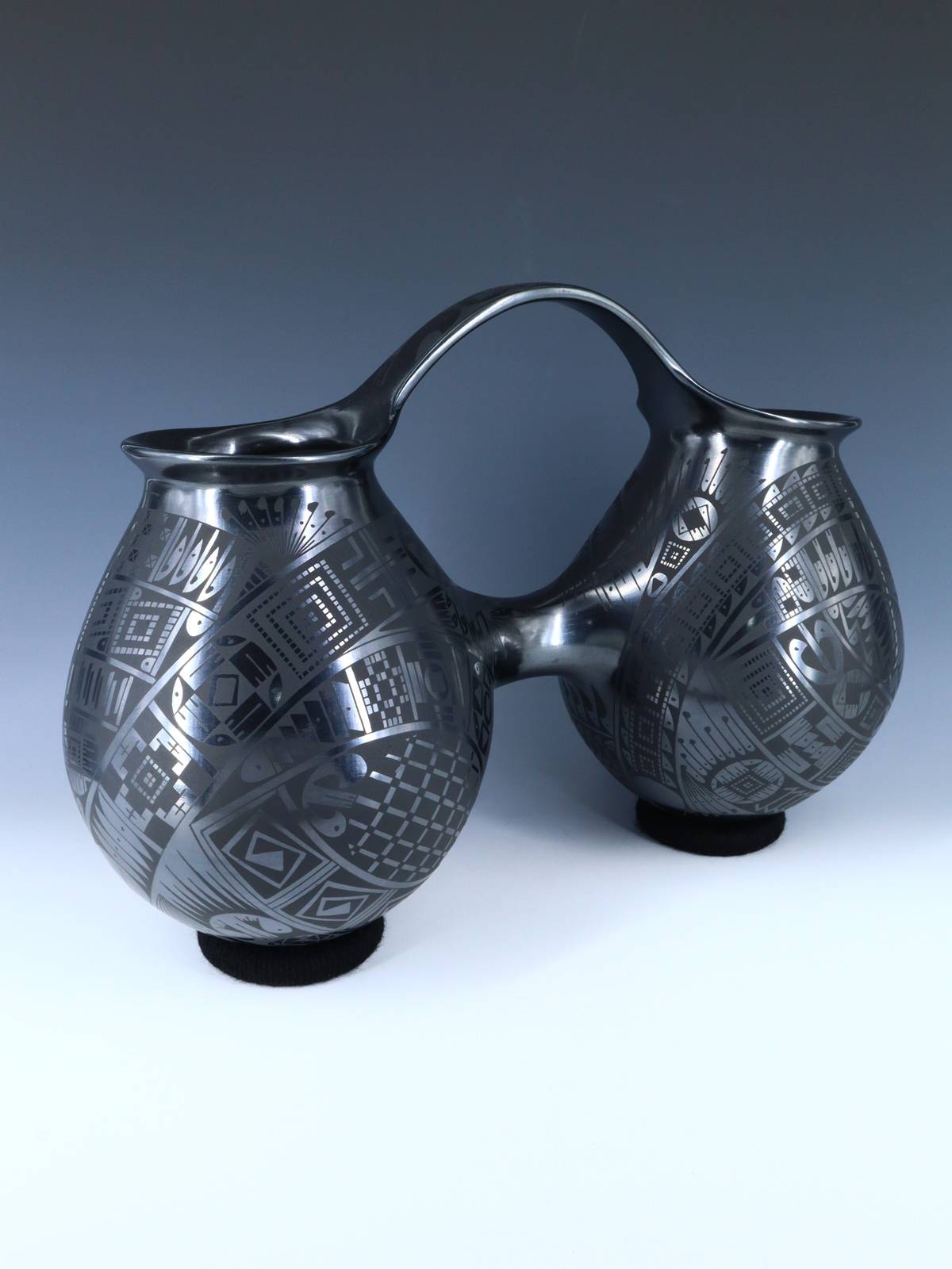 Mata Ortiz Hand Coiled Black Pottery Wedding Vessel - PuebloDirect.com