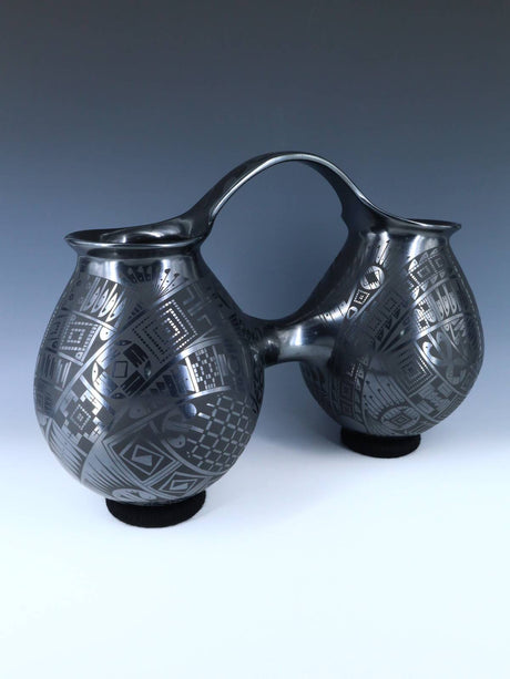 Mata Ortiz Hand Coiled Black Pottery Wedding Vessel - PuebloDirect.com